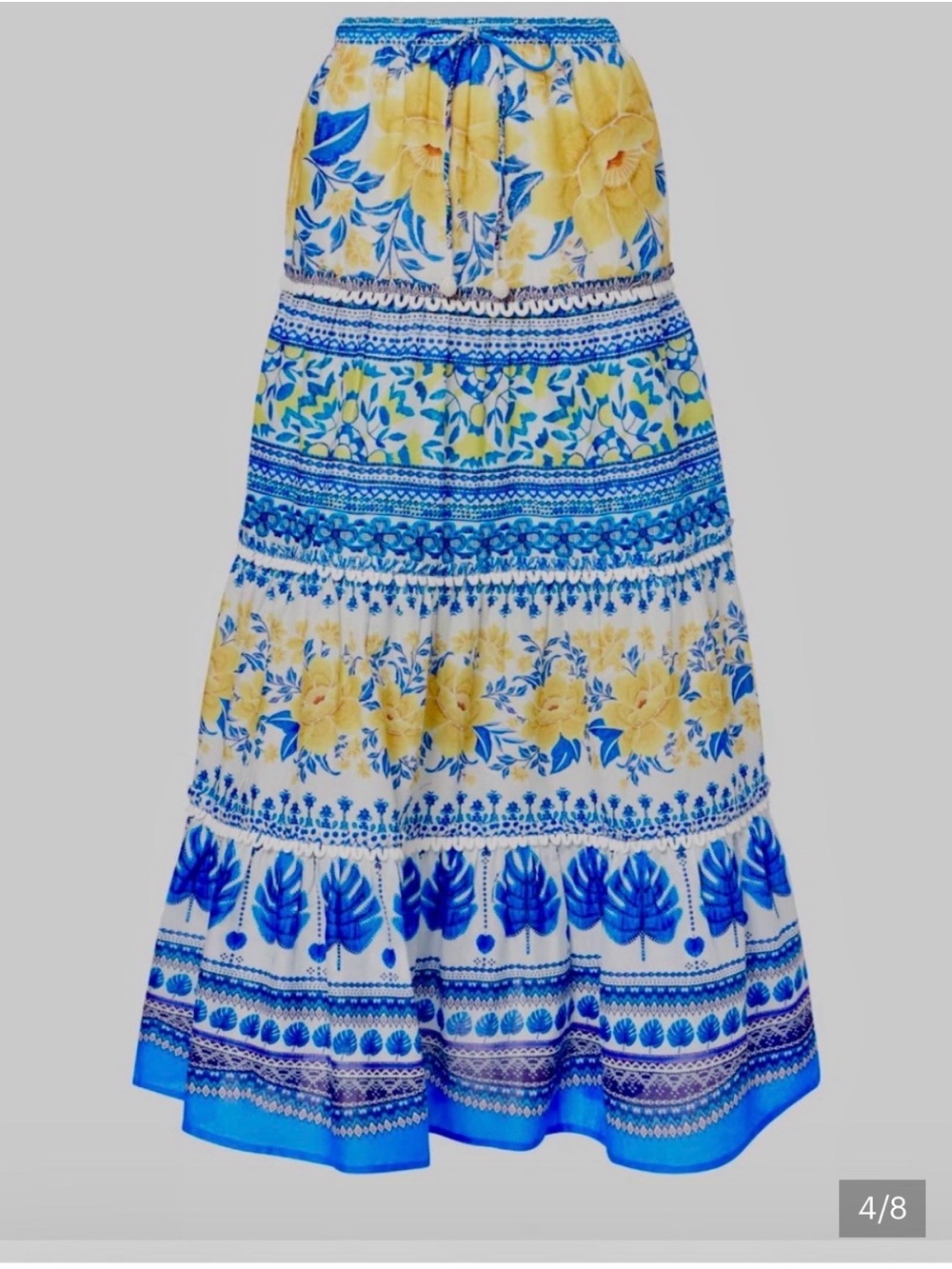 FARM Rio Yellow and Blue Floral Tiered Maxi Skirt
